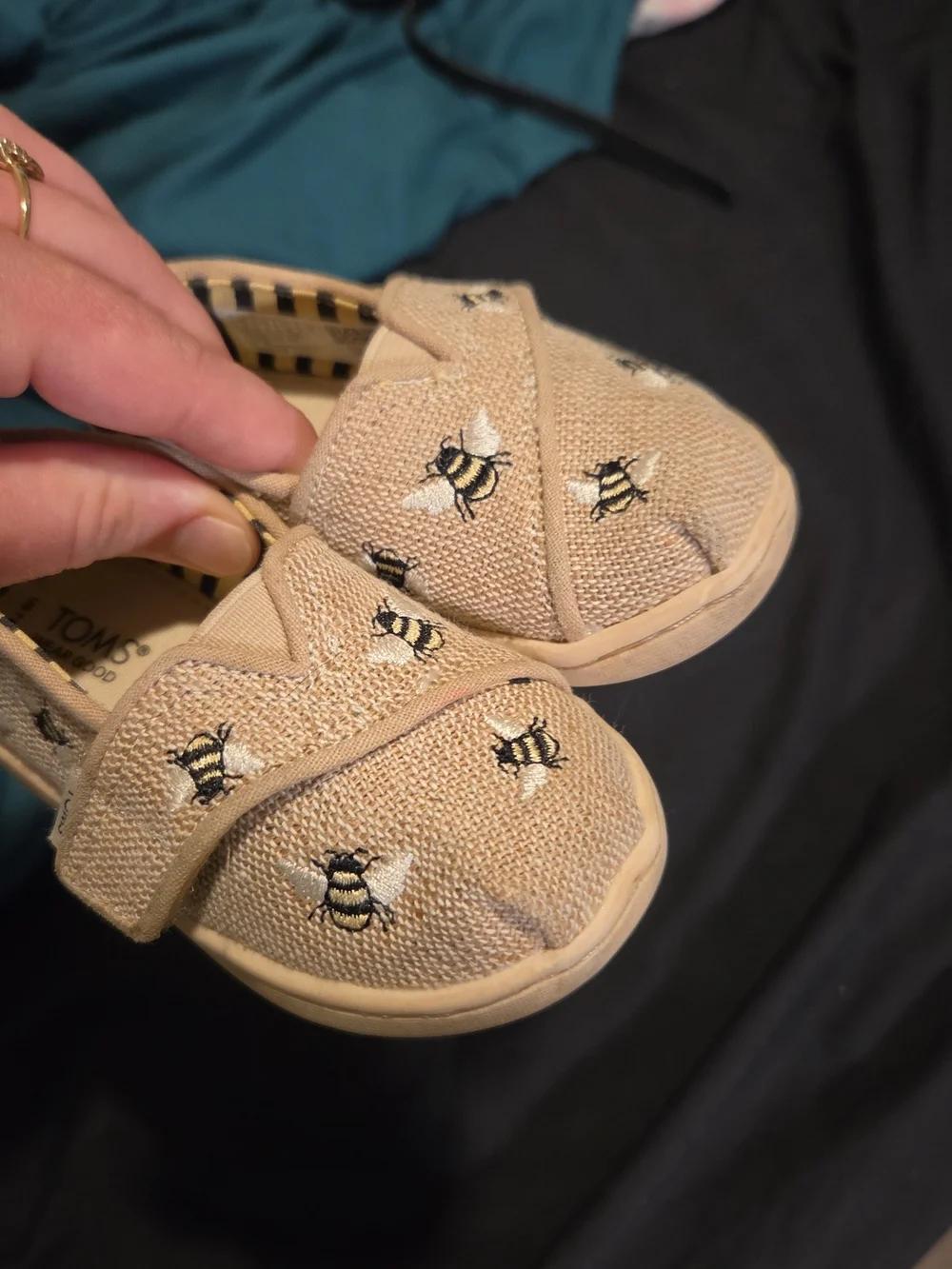 TOMS Kids Bee Embroidered Slip-On Shoes in Tan